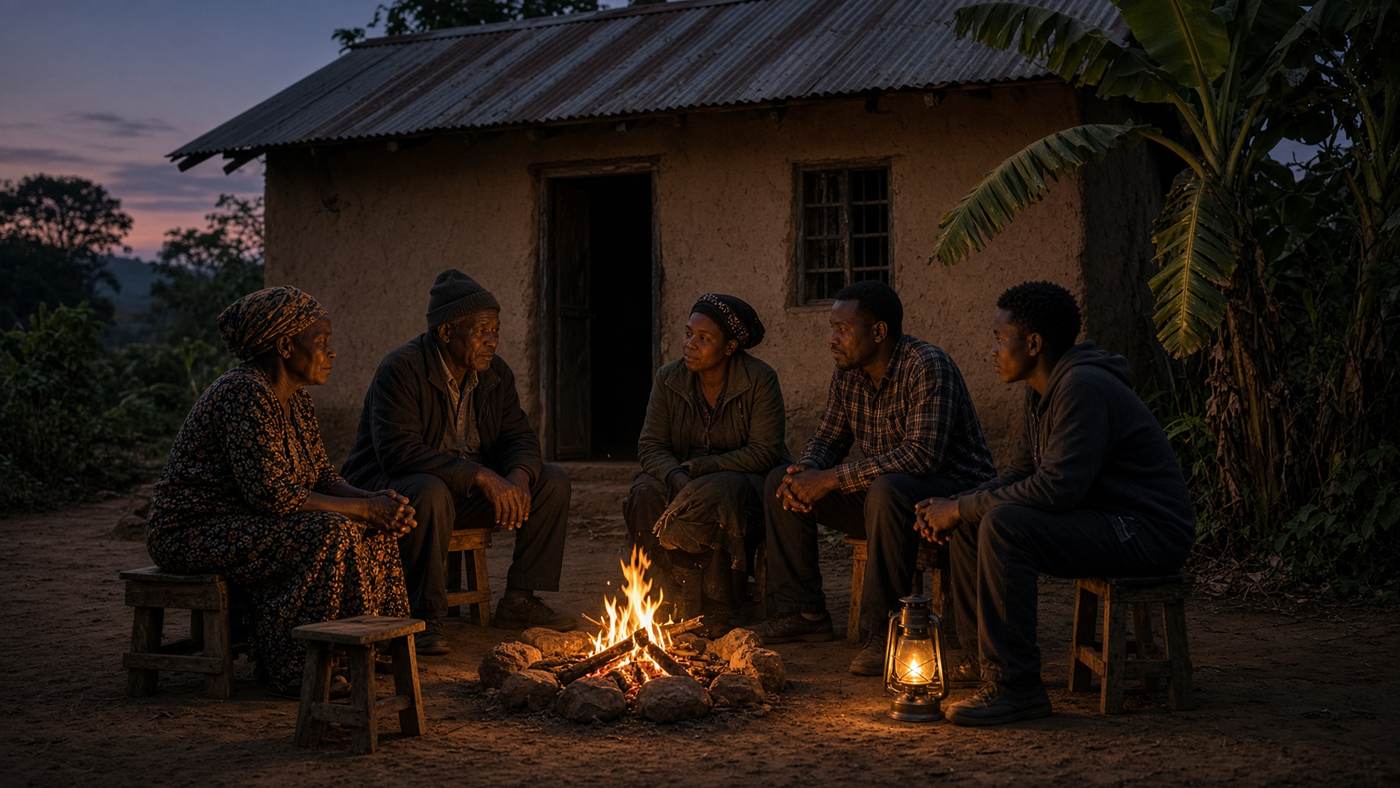 Elders and their grown children sit on stools around a small courtyard fire at dusk, listening.