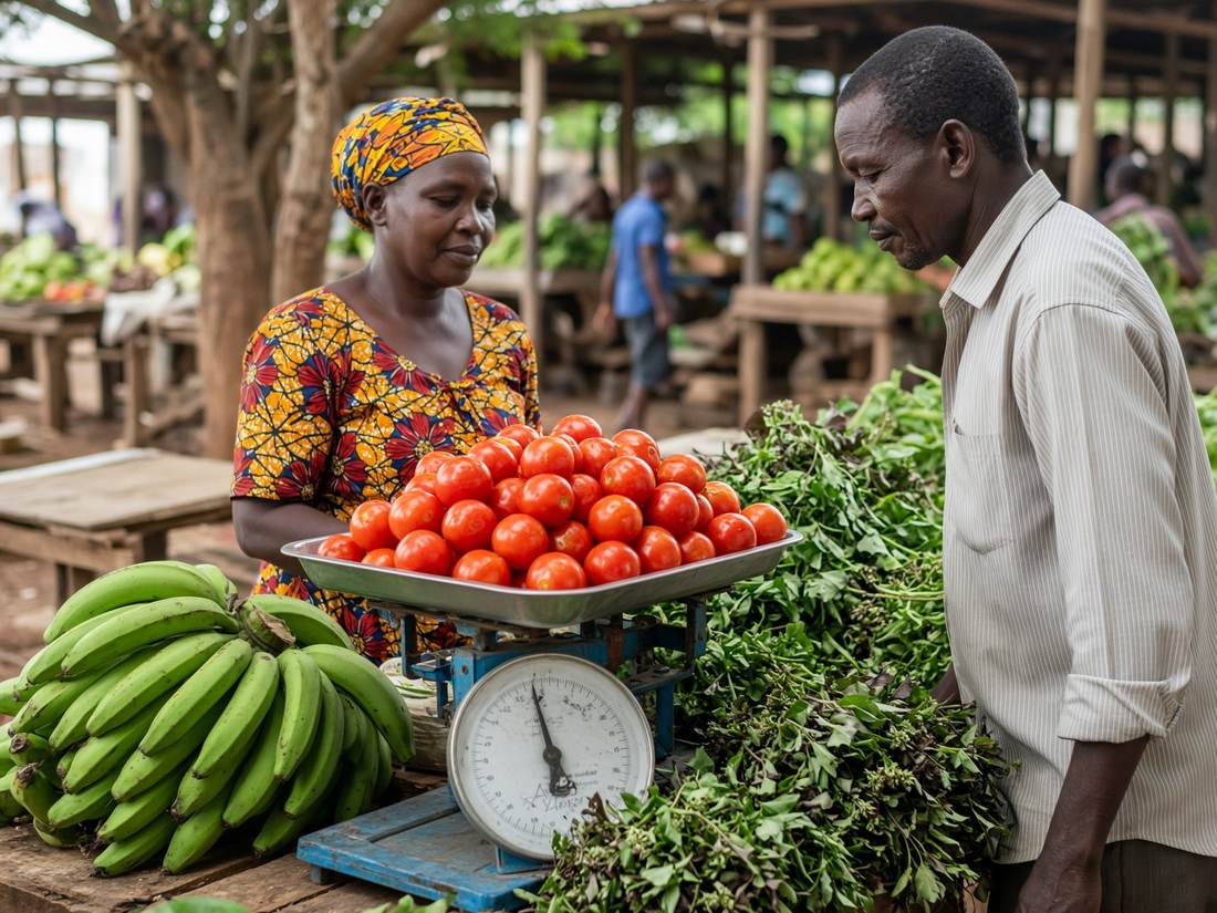 A trader and a farmer watch tomatoes on a weighing scale at a morning produce stall.