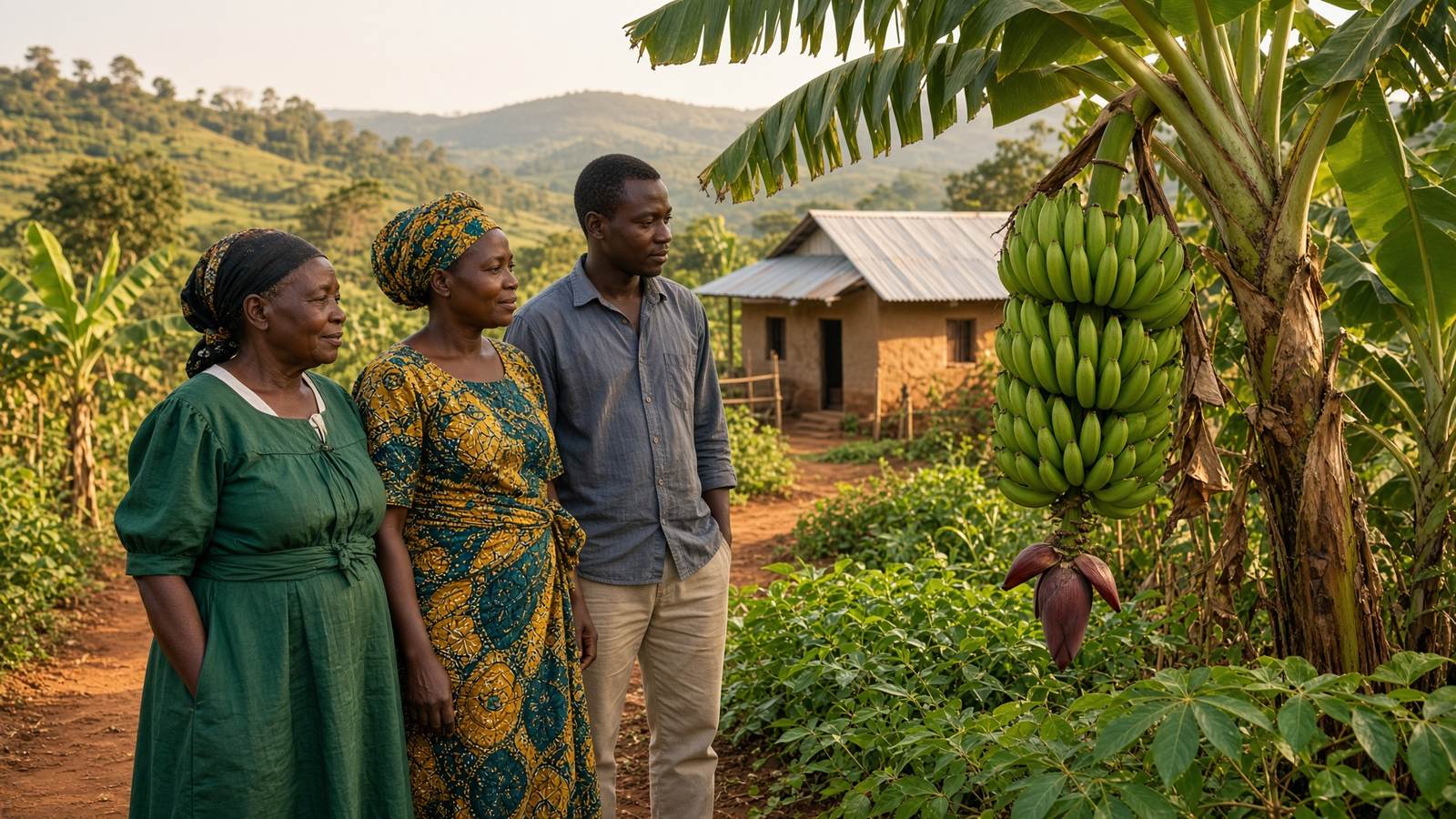 A grandmother, her daughter and grandson stand among matooke on a small Ugandan farm and look at a bunch of green bananas together.