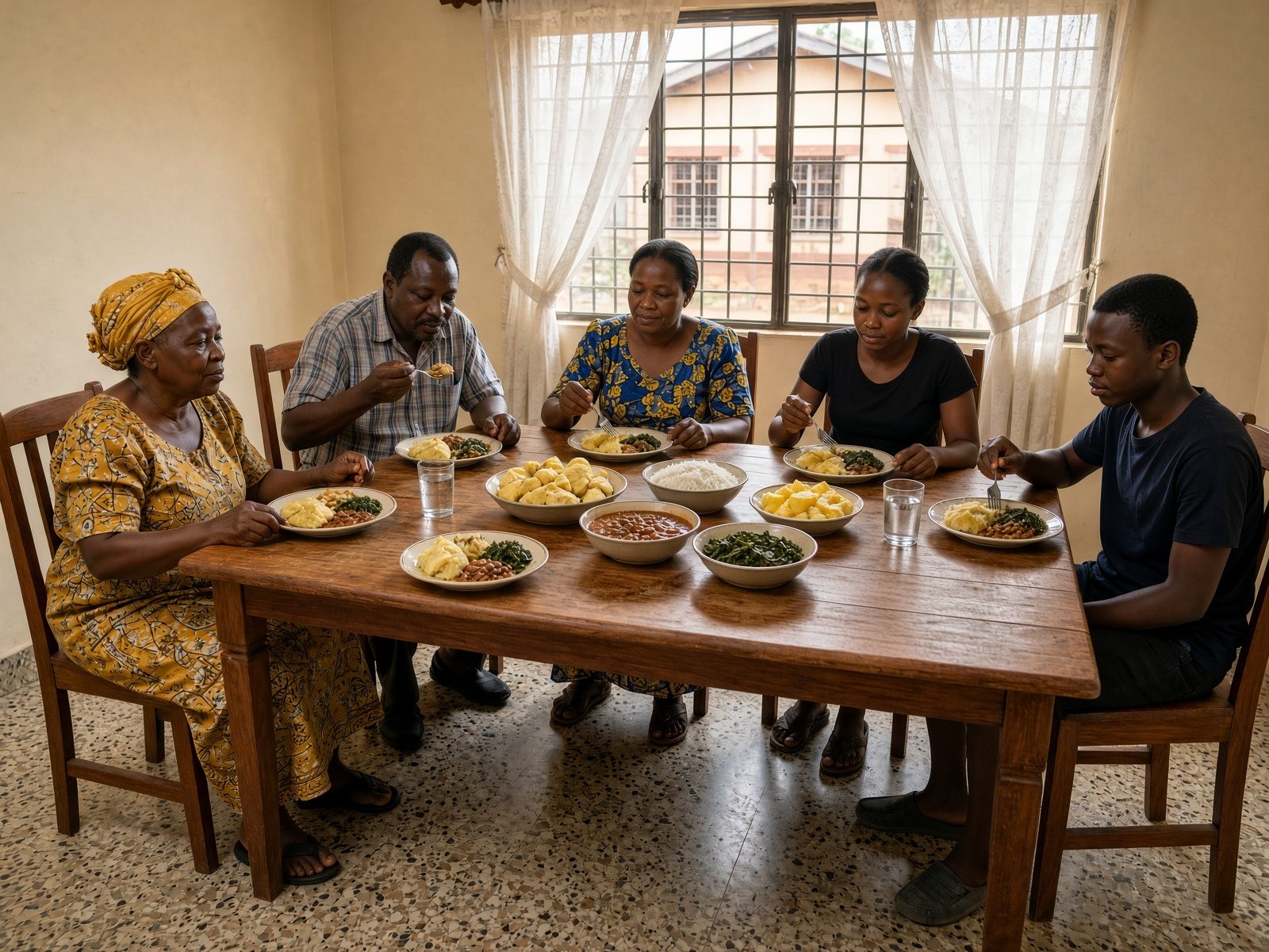 A grandmother, parents, and grown children eat matooke, beans and greens from plates with spoons and forks at a wooden table in a suburban Kampala home.